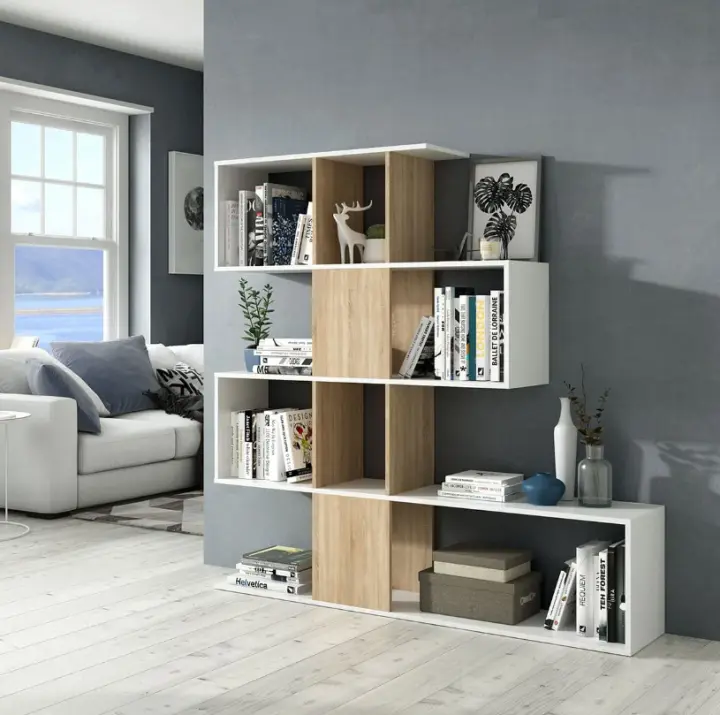 Meimon Estantería ZIG-ZAG Blanco Ark Cemento de 4 estantes (145x145x28 cm), fabricada en tablero melaminizado E1 de 15 mm, con cantos de PVC, herrajes incluidos para fijación a pared, uso decorativo o como separador de ambientes, soporta hasta 30 kg. - 1