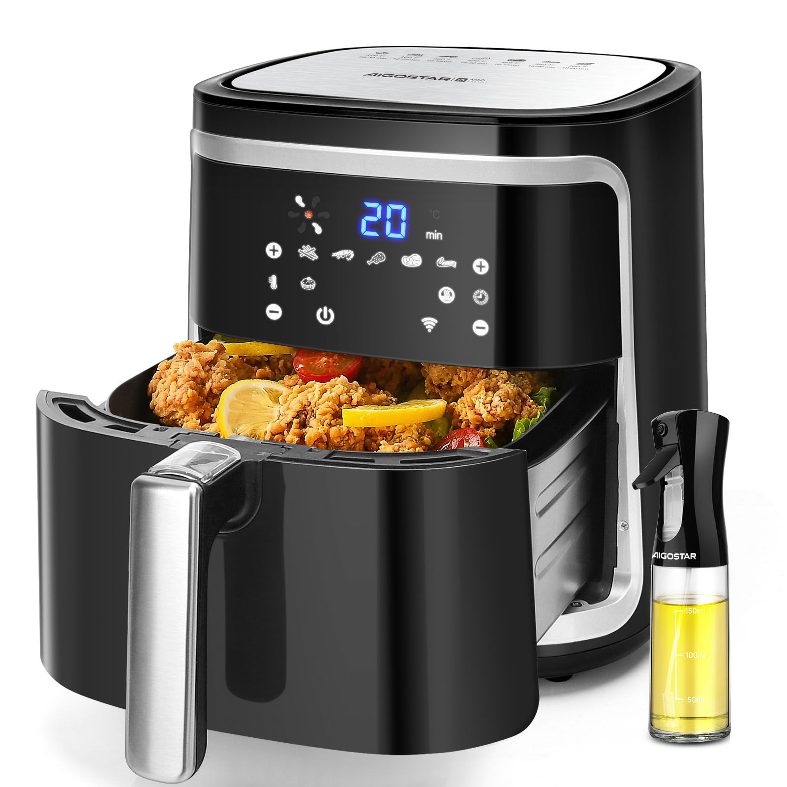 AIGOSTAR Freidora de Aire sin Aceite 7L,1900W, Inteligente. Conexión Wifi.Pantalla LED táctil, 7 funciones preestablecidas + mantener caliente y modo manual, Libre de BPA
