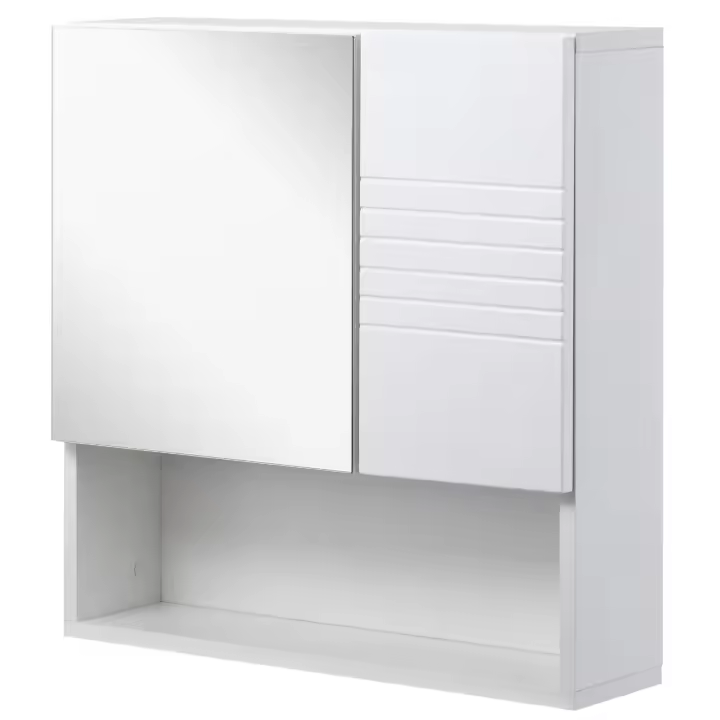 kleankin Armario de Baño con Espejo Mueble Auxiliar Montado en Pared con Estane Abierto y 2 Puertas con Balda Interior Ajustable 54x15x55 cm Blanco - 1
