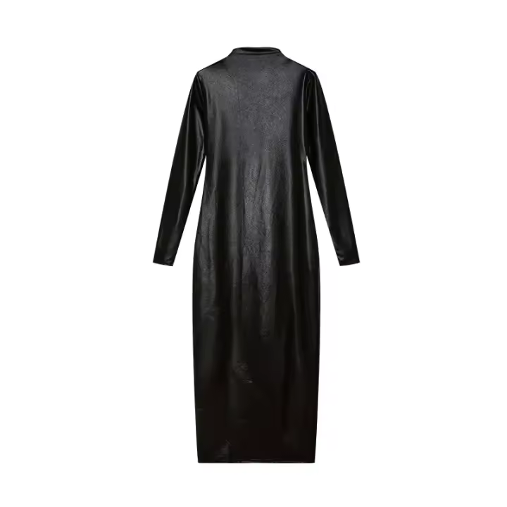 Vestido Largo De Cintura Alta Ajustado De Color Sólido Con Cuello Redondo Y Corte De Pierna Slim Para Mujer - 1