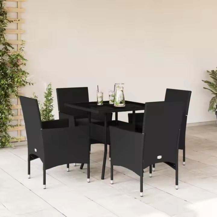vidaXL Set comedor jardín 5 pzas cojines ratán sintético vidrio negro - 1