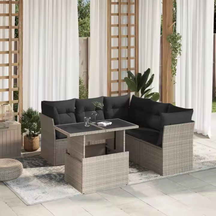 vidaXL Set de sofás de jardín 6 pzas y cojines ratán sintético gris - 1
