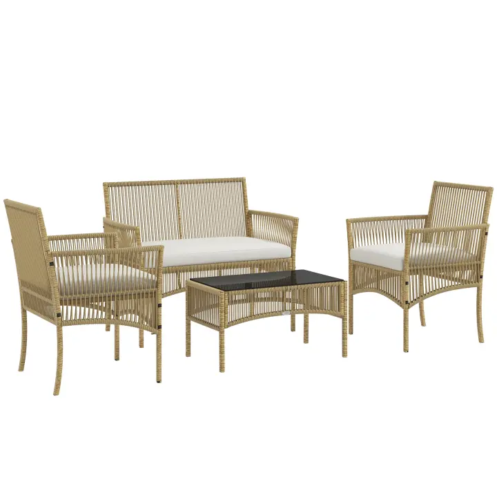 Outsunny Conjunto de Muebles de Jardín de Ratán Juego de 4 Piezas Muebles de Terraza con 1 Sofá de 2 Plaza 2 Sillones Cojines y 1 Mesa de Centro de Tablero de Vidrio para Patio - 1