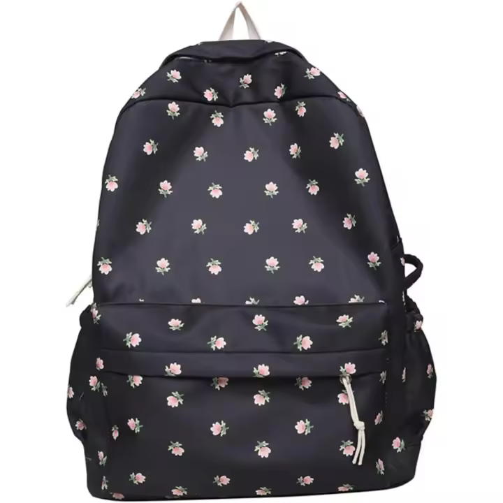 Mochila con estampado floral kawaii y colgante (2024), estilo preppy, estilo cottagecore, estilo coquette (negro, talla única) - 1