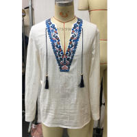 Camisa De Hombre Estilo Étnico Primavera Otoño Moda Impresión Cuello En V Manga Larga Tamaño Grande 3XL Top Casual Con Borlas - details 3