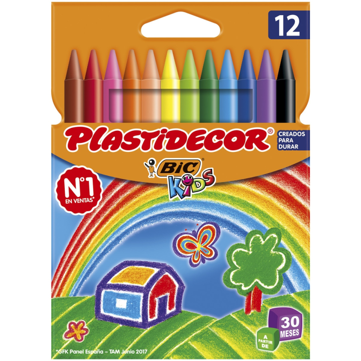 BIC 12 colores Ceras de Colores para Niños, Óptimo para material escolar, Plastidecor,  Colores Vivos Surtidos, Ideal para colorear