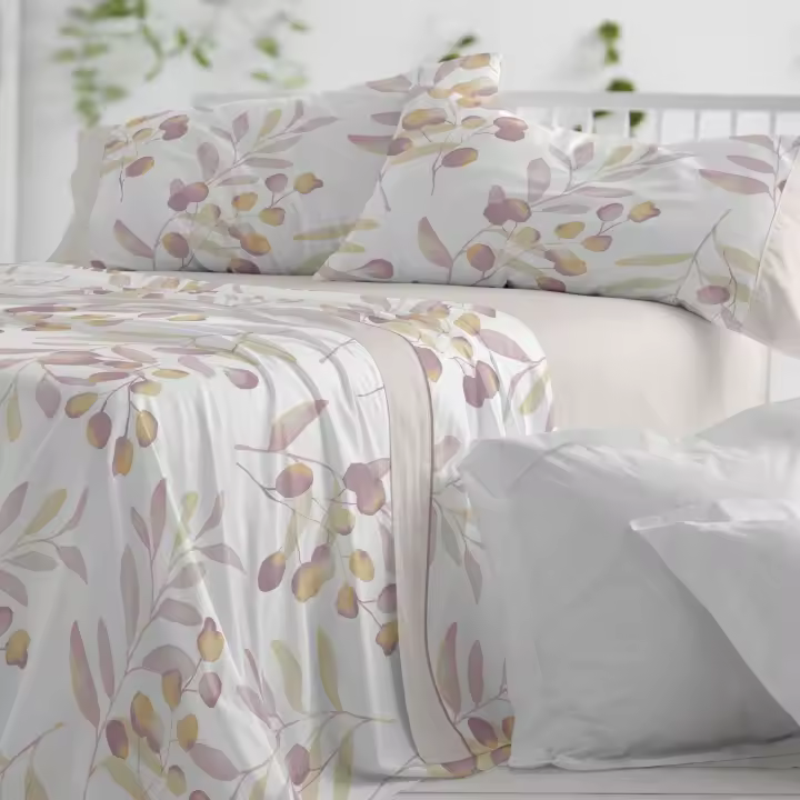 Juego Sábanas Franela Diseño 574. BURRITO BLANCO. Incluye sábana encimera, bajera y 1/2 fundas de almohadas. Estampado botanico en acuarela .Disponible en color Terracota y turquesa. 100% Algodón. Tamaños 90, 105, 135, 150, 150-160, 180 y 200cm - 1