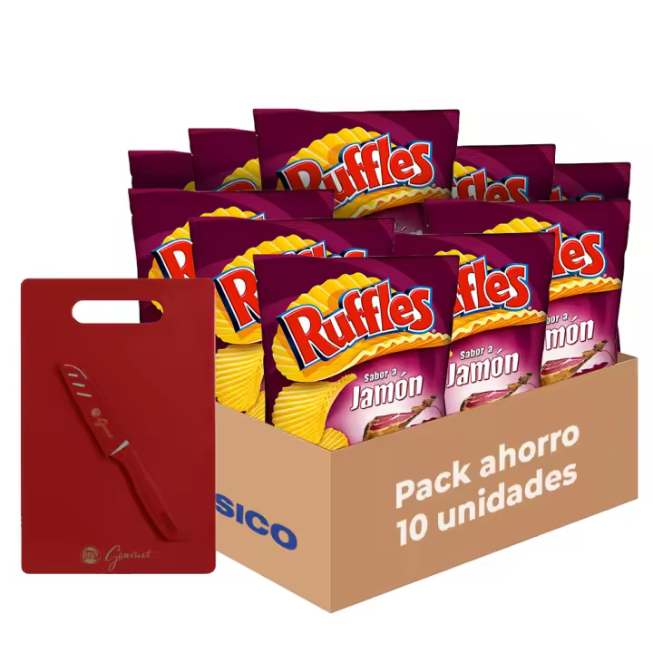 Pack Regalo Ruffles Jamón - Patatas Fritas Crujientes Sabor Jamón, Pack Regalo de 10 Bolsas de Patatillas Deliciosas, Onduladas e Irresistibles, Snack y Aperitivo, Total: 10 x 275g = 2750 g + Tabla de Cortar y Cuchillo - 1