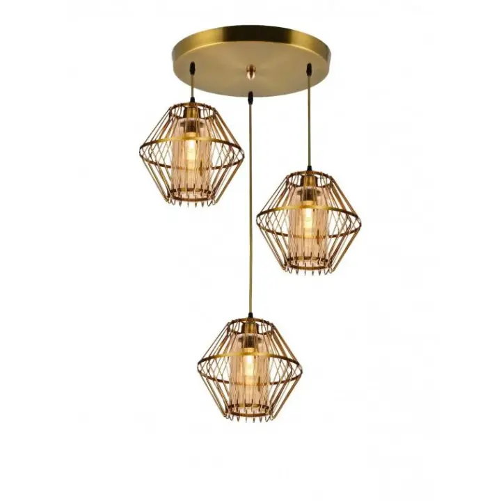 Lámpara colgante de techo de metal y 3 tulipas de cristal color cuero/dorado. E27 40W. Ref. 2001-3GAB - 1