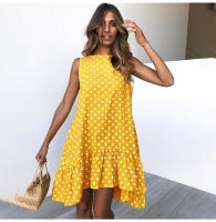 Vestido De Polka Dot Con Volantes Para Mujer Sin Mangas Cuello Redondo Corte Largo Casual Vestido De Verano De Polyester - details 7