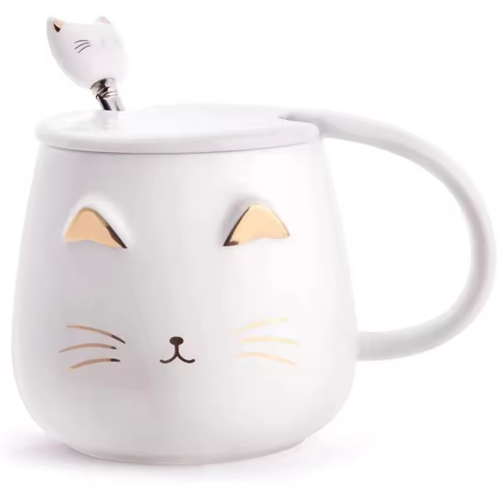 Taza de Gato Blanco, Linda Taza de café de Cerámica con forma de Gatito y Hoja de Maple inoxidable, Taza de café novedosa para Amantes de Los Gatos, Mujeres y niñas - 1
