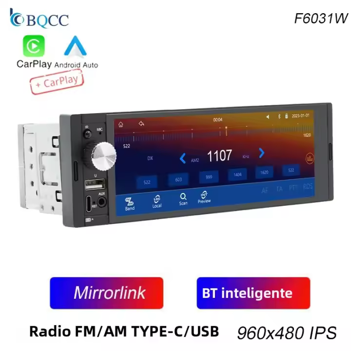 BQCC F6031W Reproductor MP5 Para Coche 6.36" IPS Con FM AUX TYPE-C USB RDS Radio Mirrorlink BT Android AUTO/CarPlay Estéreo De Coche - 1
