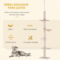 PawHut Árbol Rascador para Gatos 40x34x230-260 cm Árbol Escalador de Gato para Fijar al Techo Altura Ajustable con Plataformas Hamaca y Postes de Sisal Beige - details 3