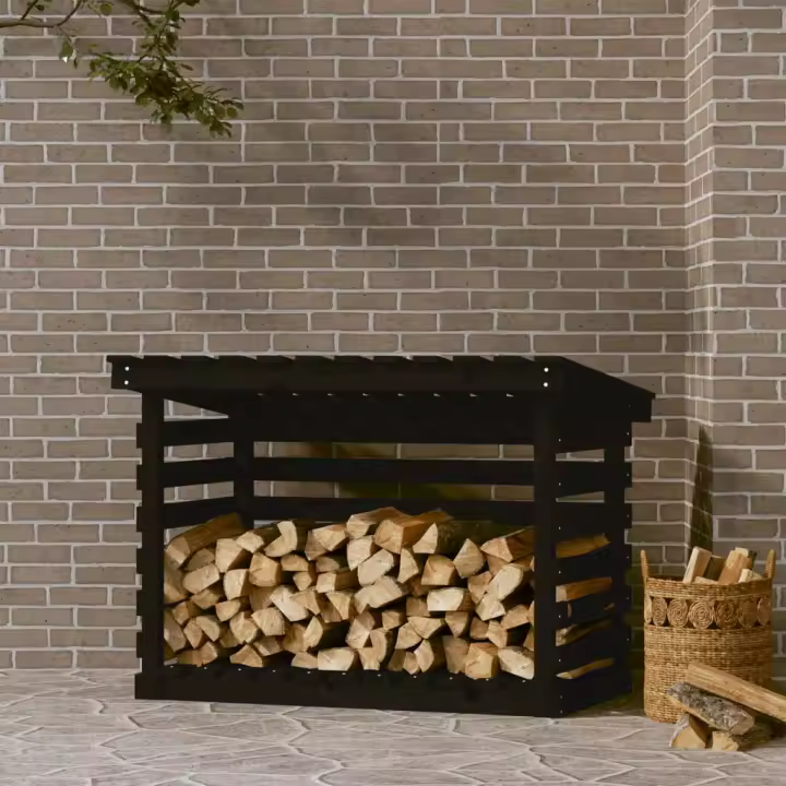vidaXL Leñero de madera maciza de pino negro 108x73x79 cm - 1