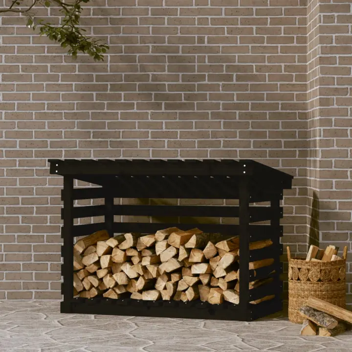 vidaXL Leñero de madera maciza de pino negro 108x73x79 cm - 1