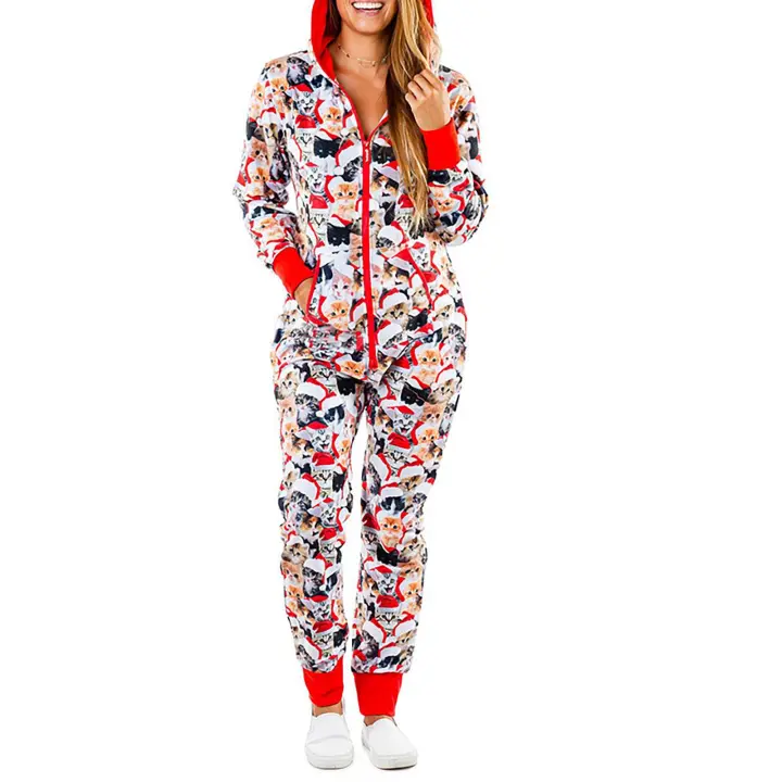 Pijamas navideños para mujer Pijamas de una pieza Ropa de casa con capucha estampada Pantalones de una pieza - 1