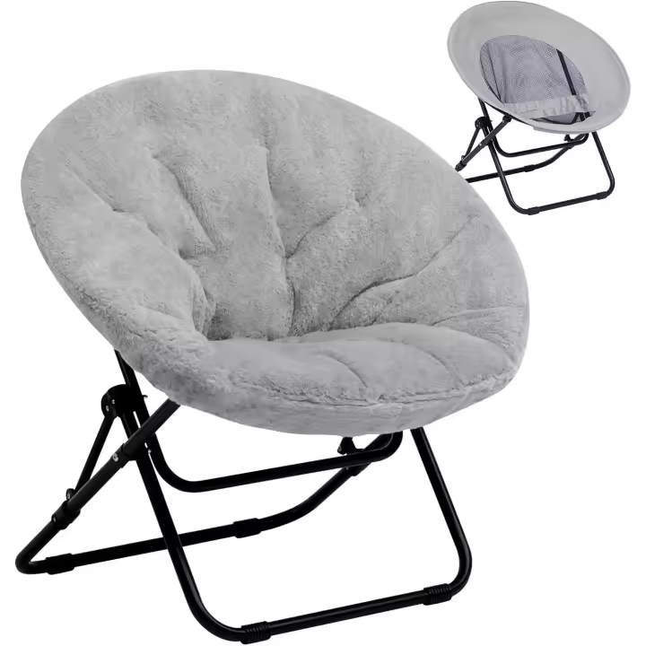 Sillon Plegable Redonda Sillon para Salon Dormitorio Relax Moon Silla Portátil Sillons De Lectura De Metal, Peluche Gris - 1
