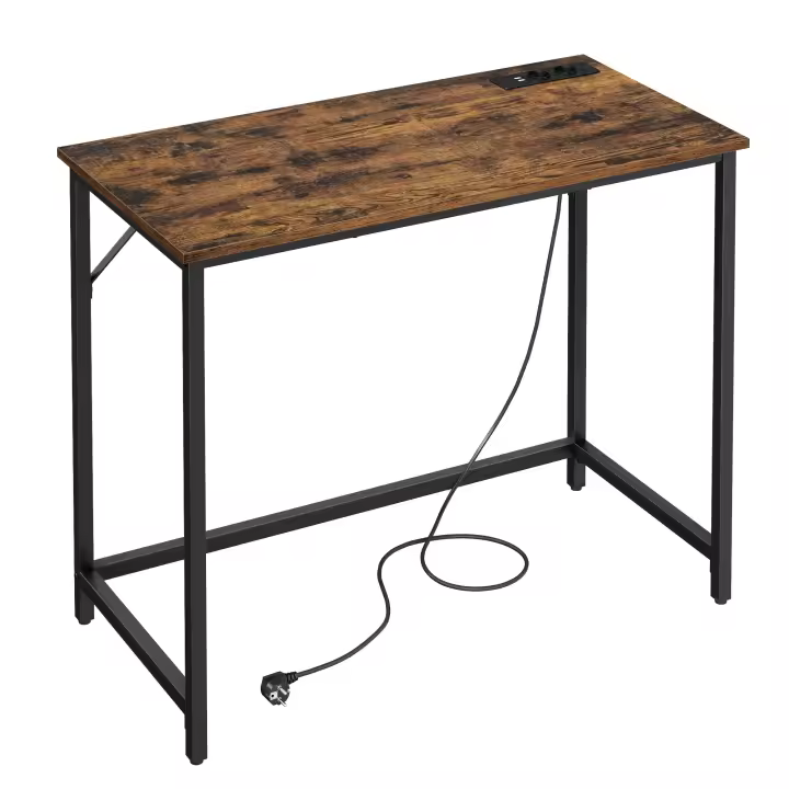 Escritorio con luz led y tomas de corriente integradas, para juegos y oficina, ideal para estudio y dormitorio, diseño compacto ahorra espacio, marrón rústico o negro ébano, 50x100x76 cm - 1