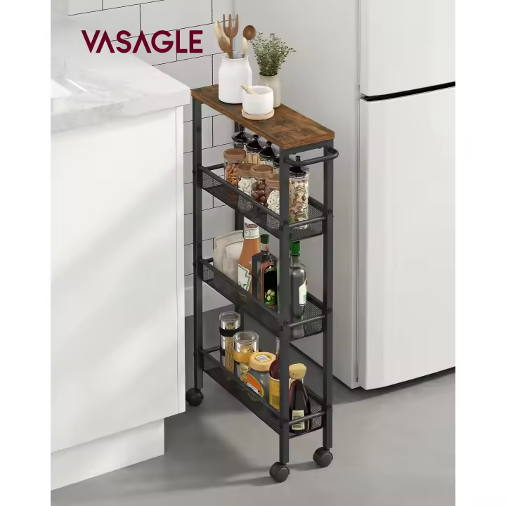 VASAGLE Carro de 4 Niveles, Carro Estrecho de Cocina con Ruedas, con Asa, para Espacio Reducido, 13 x 45,4 x 77 cm, para Cocina, Baño, Salón,Estudio, Marrón Rústico y Negro/Roble Beige y Blanco - 1