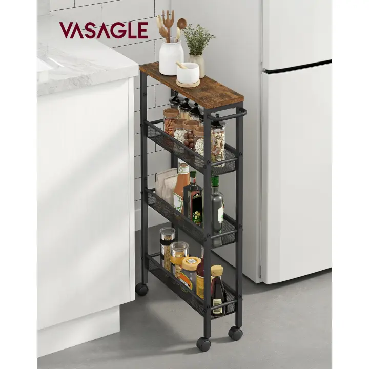 VASAGLE Carro de 4 Niveles, Carro Estrecho de Cocina con Ruedas, con Asa, para Espacio Reducido, 13 x 45,4 x 77 cm, para Cocina, Baño, Salón,Estudio, Marrón Rústico y Negro/Roble Beige y Blanco - 1