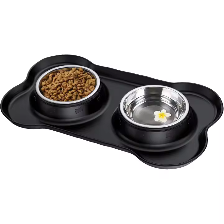 Cuenco pequeño de 2x170ml para gatos y perros, antideslizantes antidesbordamiento y antiderrame de acero inoxidable, doble cuenco de acero inoxidable con estera de silicona - 1