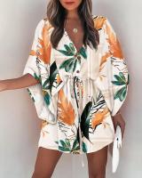 Vestido Casual De Verano Para Mujer Con Estampado Y Volante Estilo Playa Cuello En V Manga Batwing A-Line Largo Mini - details 13