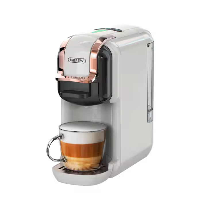 HiBREW Cafetera de cápsulas H2B, cafetera multicápsulas 5 en 1, compatible con cápsulas DG/Nes/K-cup/ESE/café molido, Parada automática, Espresso perfecto, Blanco - 1