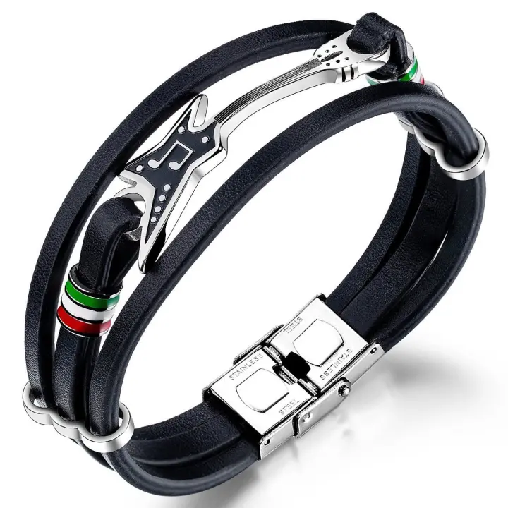 Pulsera de Cuero Guitarra Eléctrica Colores Bandera de Italia Cierre de Seguridad Acero Inoxidable Ajustable - 1
