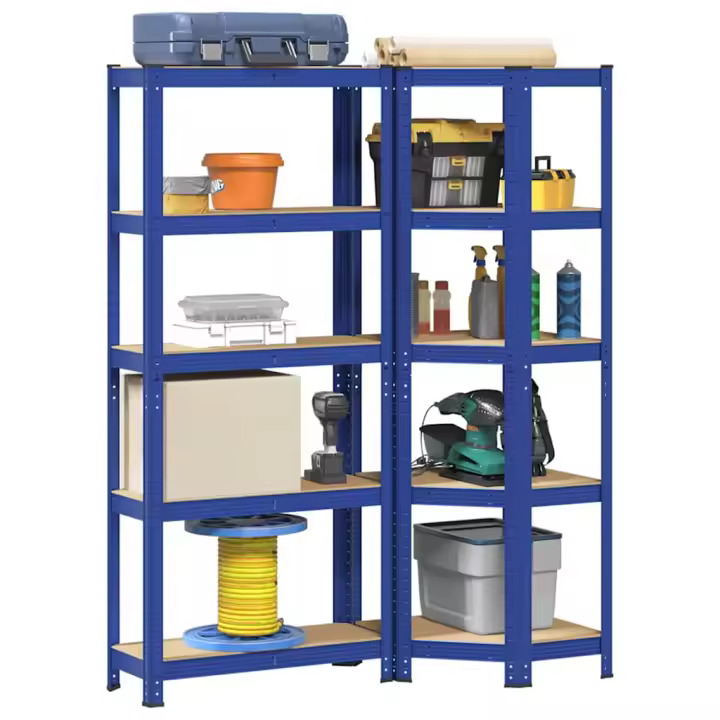 Juego de 2 estantes de 5 niveles acero azul y madera industrial - 1
