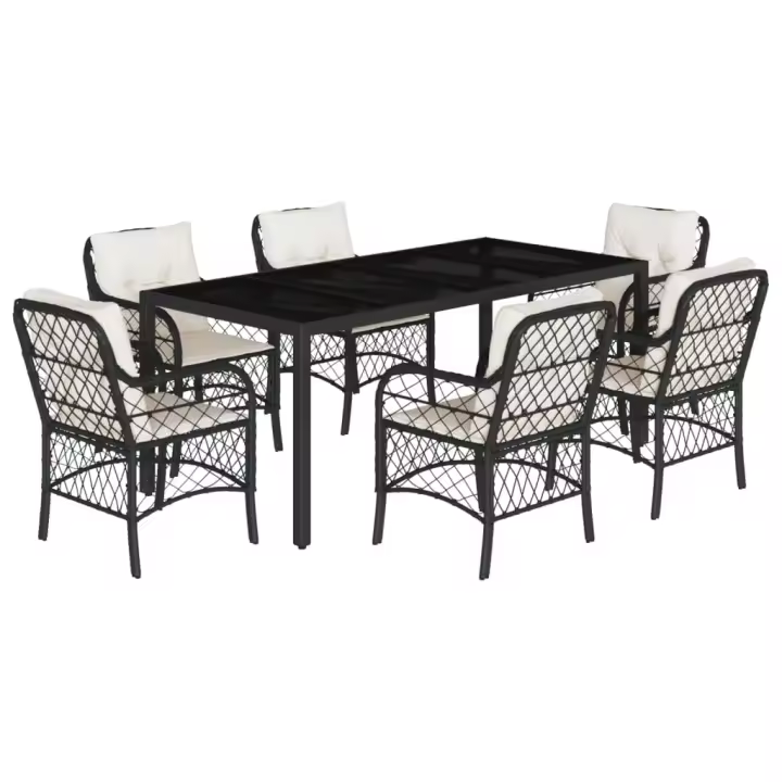 vidaXL Set de comedor de jardín 7 pzas y cojines ratán sintético negro - 1
