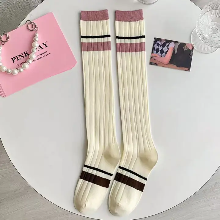 Medias Largas De Verano Para Mujer Y Niñas Con Rayas Coloridas Suaves Y Cómodas Medias De Algodón Blends Estilo Casual - 1