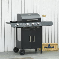 Outsunny Barbacoa de Gas BBQ con Ruedas Parrilla Gas con 3+1 Quemadores de 11,6 KW 2 Mesas Laterales y Termómetro Acero 110x50x100 cm Negro - details 2