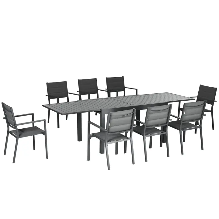 Outsunny Conjunto Muebles de Jardín 9 Piezas Marco de Aluminio Juego de Muebles para Terraza con Mesa Extensible y 8 Sillas Apilables y Asiento de Texteline 135-270x89x74 cm Gris - 1