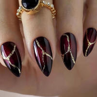 Uñas Postizas De Gel De Jalea Con Patrón De Piedra Pówer En Color Rojo Oscuro Y Dorado Forma De Almendra 24 Piezas Con Fregadero Y 1 Pieza - details 0