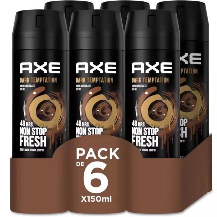 Axe Desodorante para Hombre Bodyspray Dark Tempation 150ml (Pack de 6) - Tecnologia Dual Action, Formula sin aluminio, Componente antiolor Zinc Complex 6, Huele irresistible a chocolate negro durante 48 horas - 1