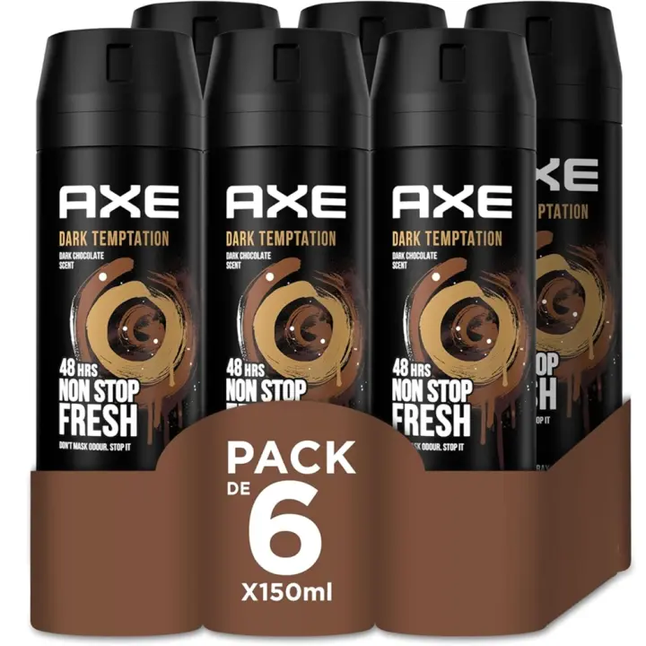 Axe Desodorante para Hombre Bodyspray Dark Tempation 150ml (Pack de 6) - Tecnologia Dual Action, Formula sin aluminio, Componente antiolor Zinc Complex 6, Huele irresistible a chocolate negro durante 48 horas - 1