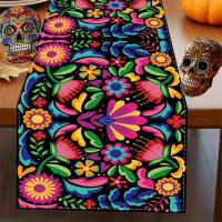 1pc Corredor De Mesa Estilo Mexicano Festivo Diseño Vibrante De Día De Muertos Poliéster Decoración Colorida Para Hogar Y Fiestas - details 2