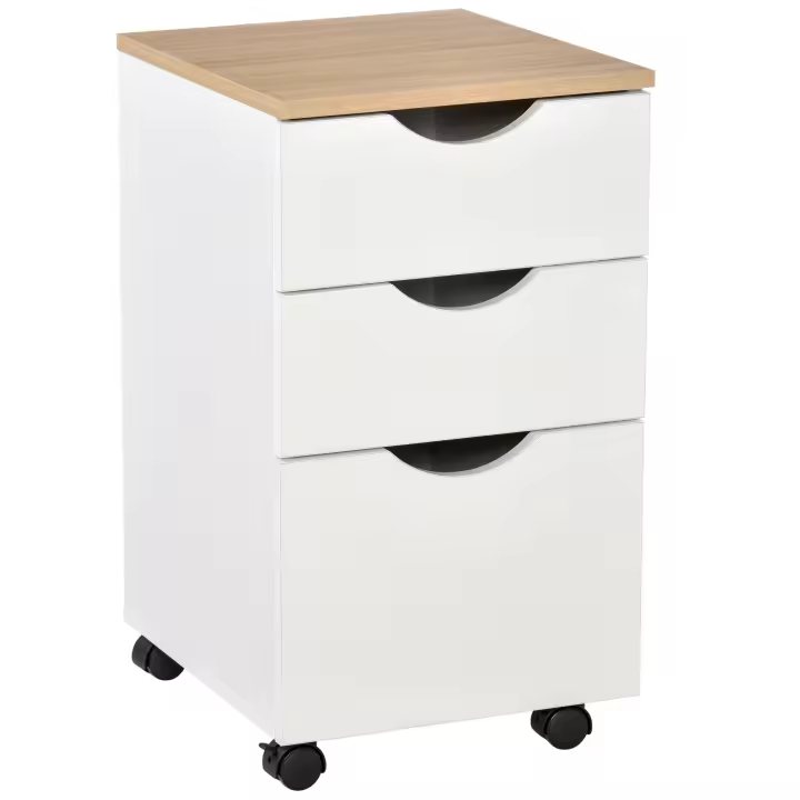 HOMCOM Armario Móvil para Oficina con 3 Cajones Ruedas Universales Freno Cajonera para Organizar Documentos 34x40x60,5 cm Blanco y Natural - 1