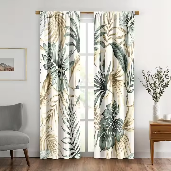 2pcs Cortina De Ventana Con Estampado De Hoja De Palma Para Decoración Del Hogar Adecuada Para Dormitorio Oficina Cocina Sala De Estar Estudio - 1