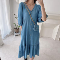 Vestido Maxi Casual ZANZEA Para Mujer De Tela Denim Azul Con Manga Puff Y Cuello V-Neck Estilo Retro Manga Corta Cierre Único Longitud Media-Calf - details 6
