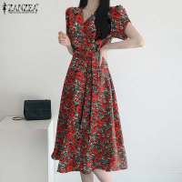 ZANZEA Vestido Midi Elegante Para Mujer Con Cintura Ajustada Estampado Floral Moda Coreana Manga Corta A-line Casual Fiesta - details 9
