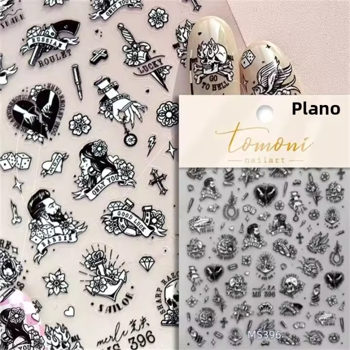 Pegatinas De Uñas 3D Retro Con Relieve Emboss Negro Y Calavera Para Hombre Y Mujer Adhesivo Autoadhesivo De Mano Oso Conejo Pájaro Horror Decal Manicure - 1