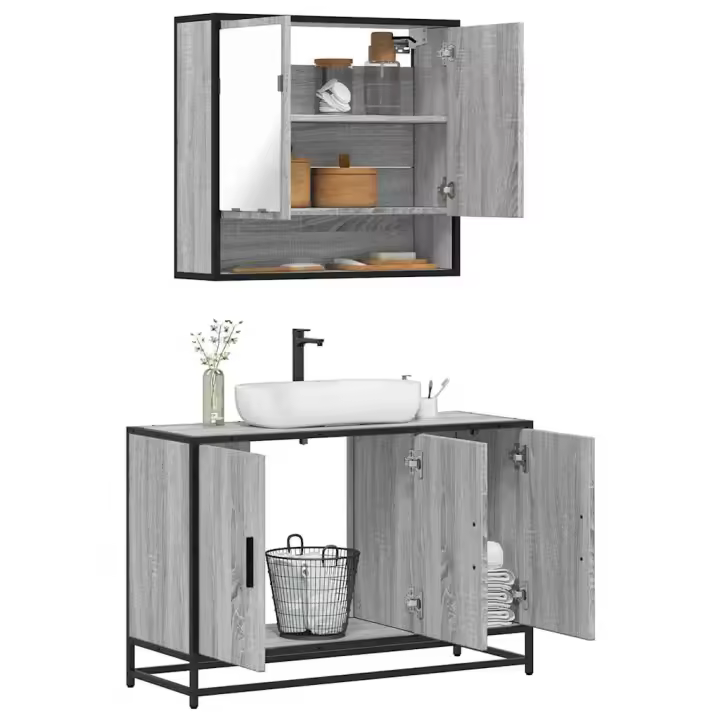 vidaXL Set de muebles de baño 2 pzas madera contrachapada en color Gris sonoma/Roble Sonoma/Marrón roble y más | almacenamiento funcional diseño moderno para baño dormitorio sala - 1