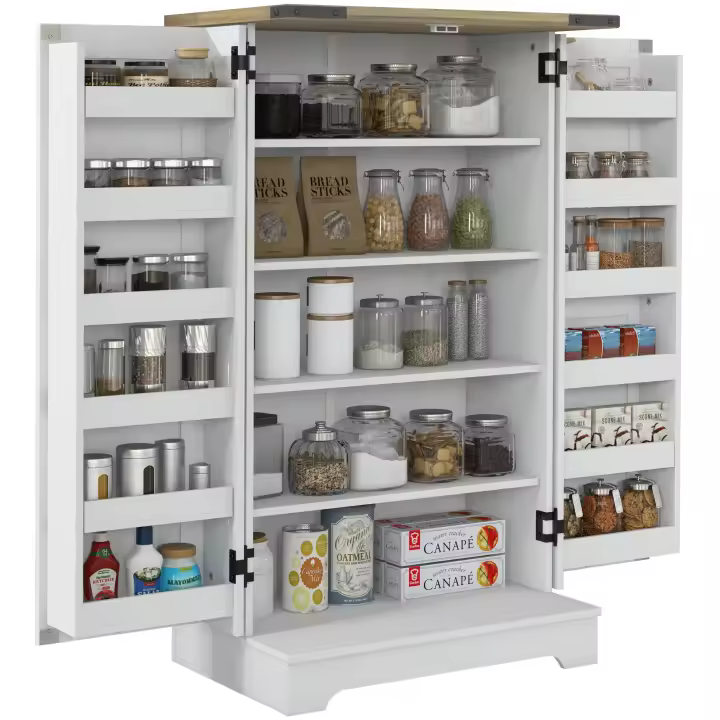 HOMCOM Armario Despensa Cocina Armario de Cocina con 2 Puertas y 16 Estantes Alacena Rústica con Estantes Ajustables para Comedor Salón 60x40x104 cm Crema - 1