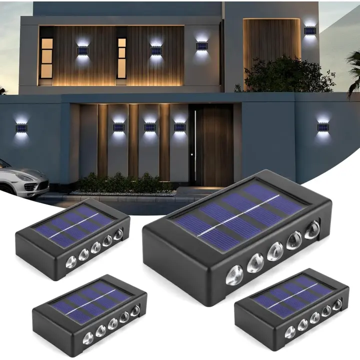 Paquete de 4 luces solares de pared para exteriores, 10 luces LED solares para vallas, luces solares de pared para exteriores, impermeables, luz de arriba a abajo, blanco frío - 1
