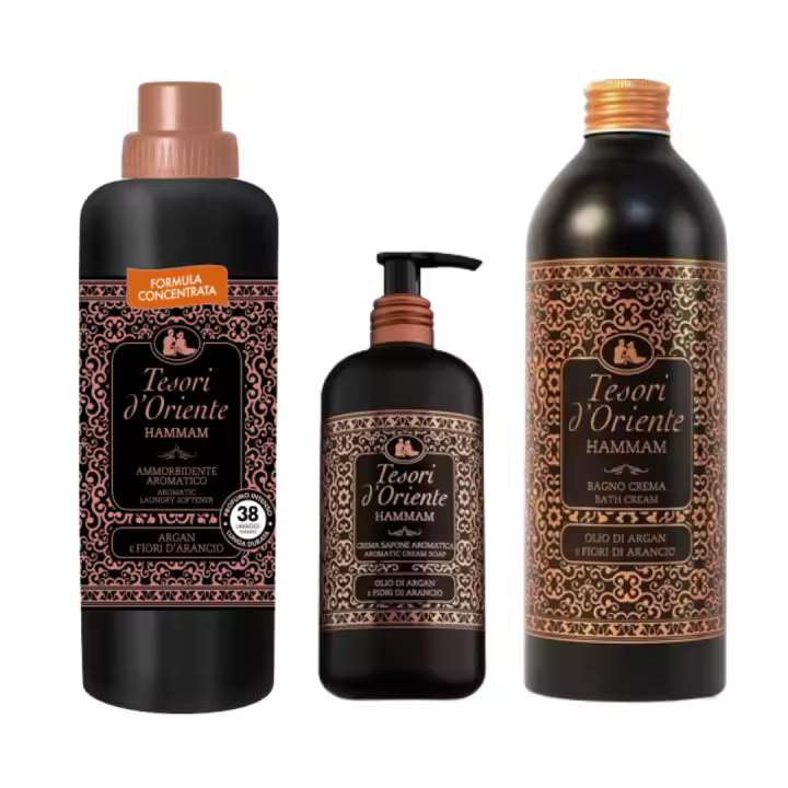 PACK DE 3 tesori d'oriente HAMMAM - SUAVIZANTE ARABE PARA LA ROPA, JABON LIQUIDO HAMMAM PARA MANOS Y CARA. CREMA DE BAÑO HAMMAM PARA LA DUCHA. Los mejores aromas orientales. Jabón aromático en crema con el mejor aceite de argán. - 1
