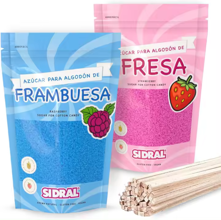 SIDRAL Azucar para Máquina Algodón ( 2 x 250 gr) CON 20 PALITOS RECICLABLES PARA DEGUSTACION ( FRESA/FRAMBUESA - 1