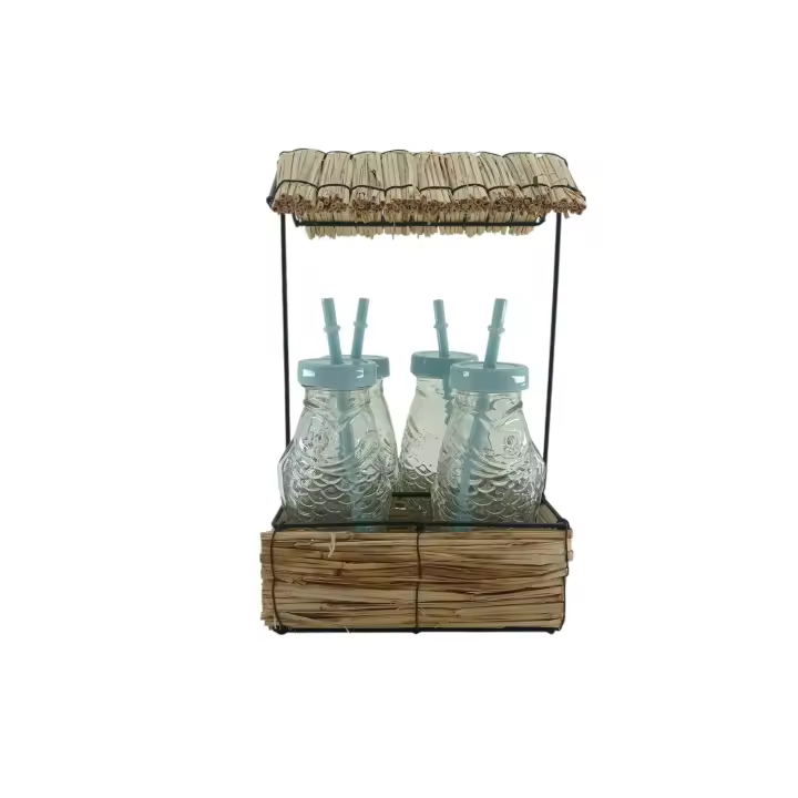 Set de Bandeja Cuadrada + 4 Vasos | Base Metálica Estilo Cabaña - 1