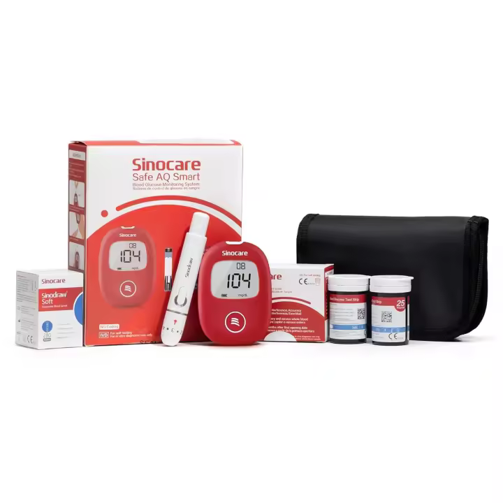 Medidor de Glucosa en Sangre Sinocare, Kit Completo con 50 Tiras Reactivas y Dispositivo de Punción Indoloro, Resultados en mg/dL (Modelo Safe AQ Smart) - 1