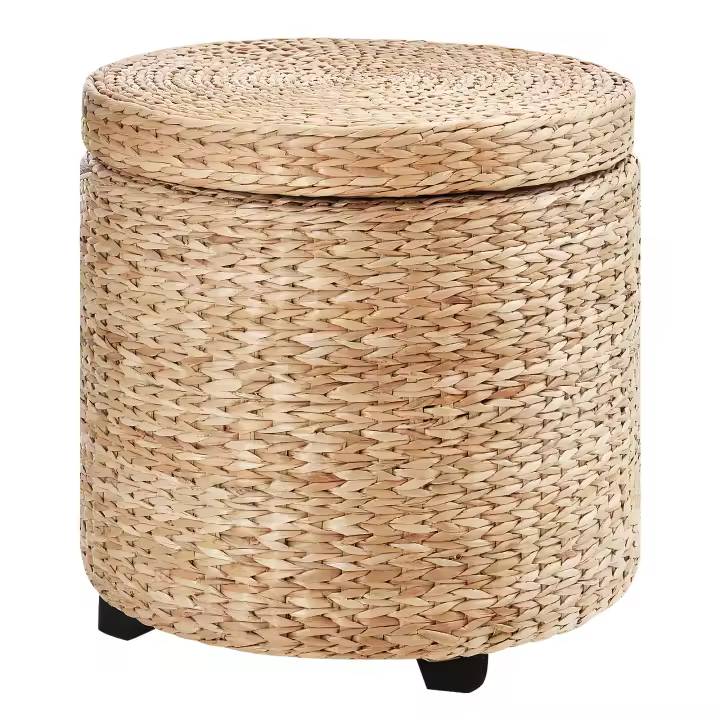 HOMCOM Taburete con Espacio de Almacenamiento, Reposapiés, Taburete Reposapiés, Caja de Almacenamiento, Tapa Extraíble, Ratán Paja, Caqui, Ø43 x 43 cm - 1